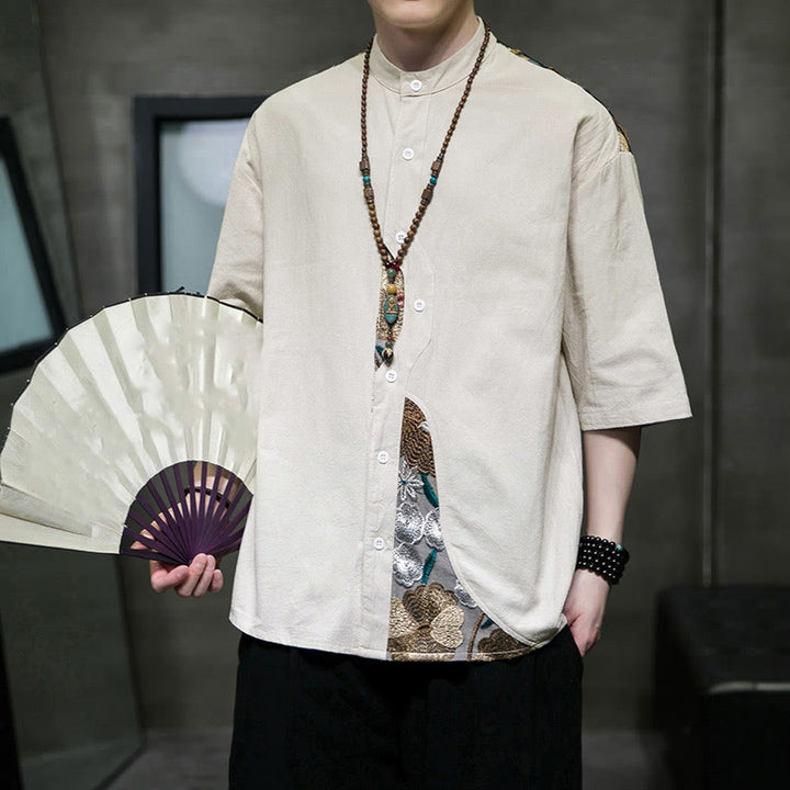 Camicia da uomo in cotone e lino con maniche a tre quarti, ricamo patchwork con Buddha Stones, design semplice