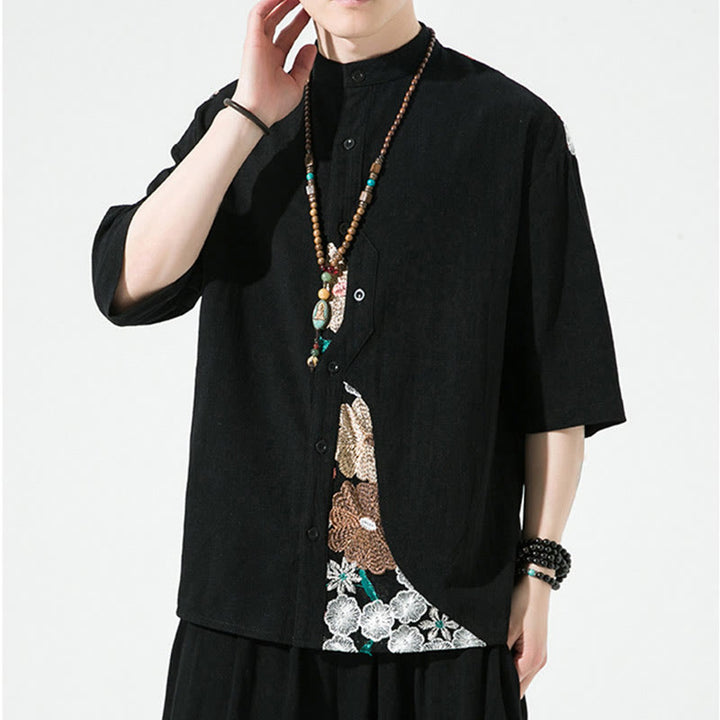 Camicia da uomo in cotone e lino con maniche a tre quarti, ricamo patchwork con Buddha Stones, design semplice