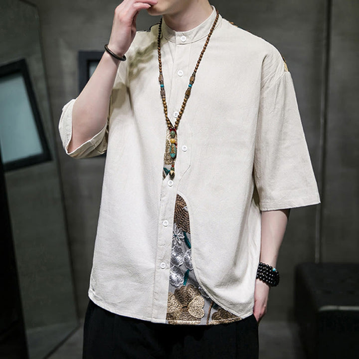 Camicia da uomo in cotone e lino con maniche a tre quarti, ricamo patchwork con Buddha Stones, design semplice