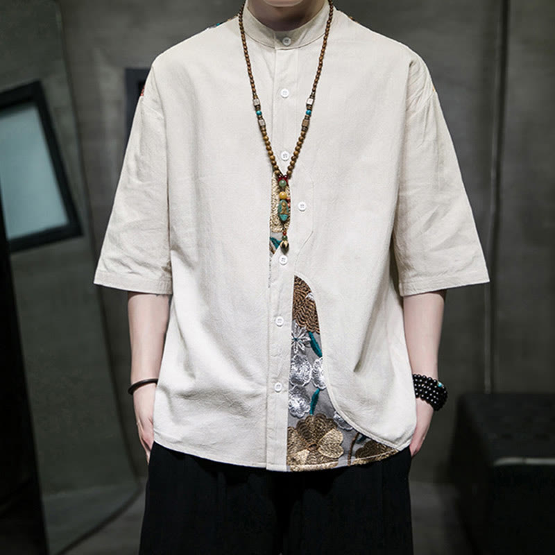 Camicia da uomo in cotone e lino con maniche a tre quarti, ricamo patchwork con Buddha Stones, design semplice