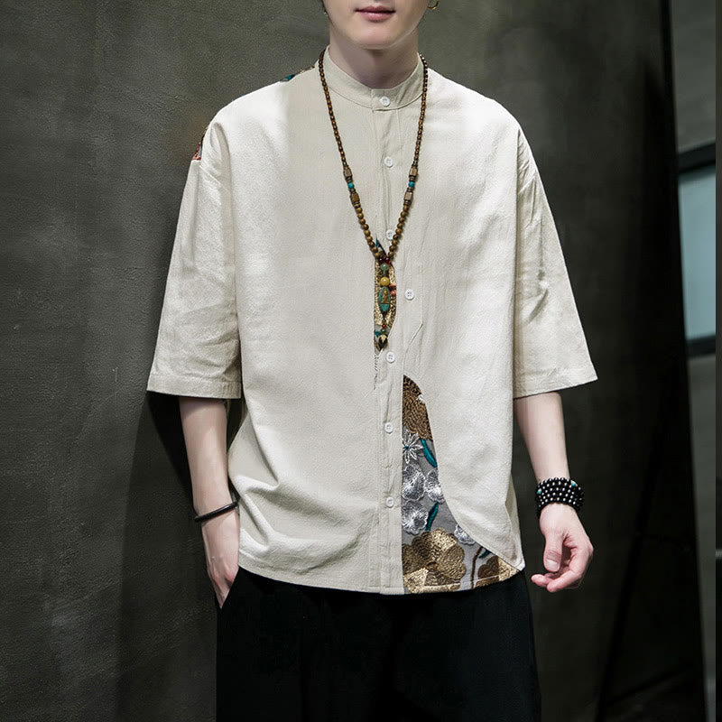 Camicia da uomo in cotone e lino con maniche a tre quarti, ricamo patchwork con Buddha Stones, design semplice