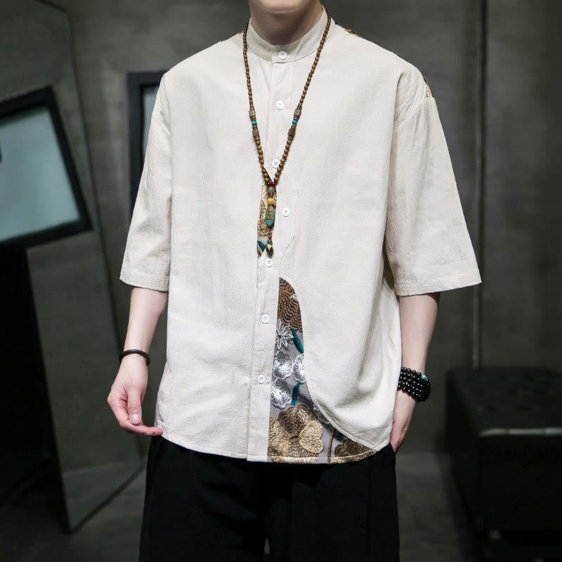 Camicia da uomo in cotone e lino con maniche a tre quarti, ricamo patchwork con Buddha Stones, design semplice