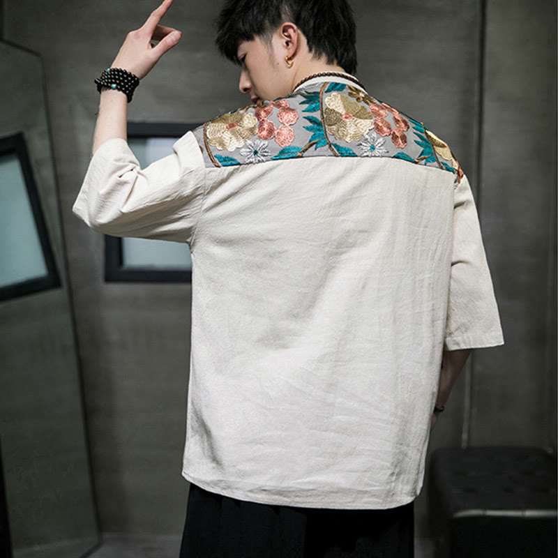 Camicia da uomo in cotone e lino con maniche a tre quarti, ricamo patchwork con Buddha Stones, design semplice