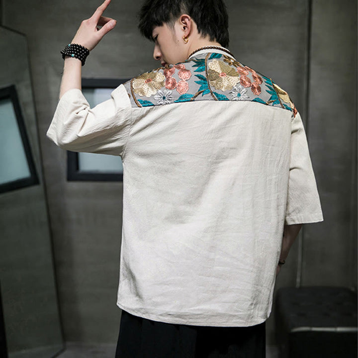 Camicia da uomo in cotone e lino con maniche a tre quarti, ricamo patchwork con Buddha Stones, design semplice