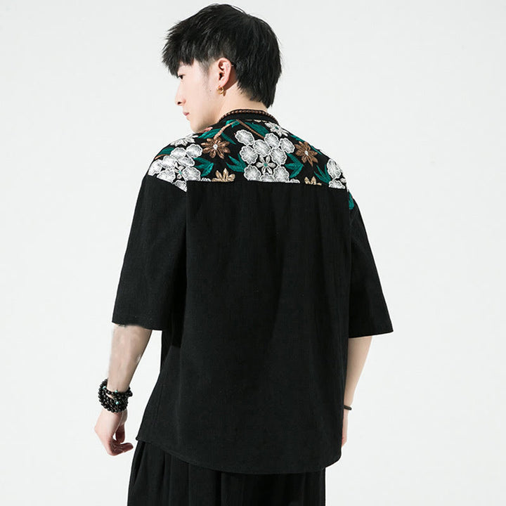 Camicia da uomo in cotone e lino con maniche a tre quarti, ricamo patchwork con Buddha Stones, design semplice