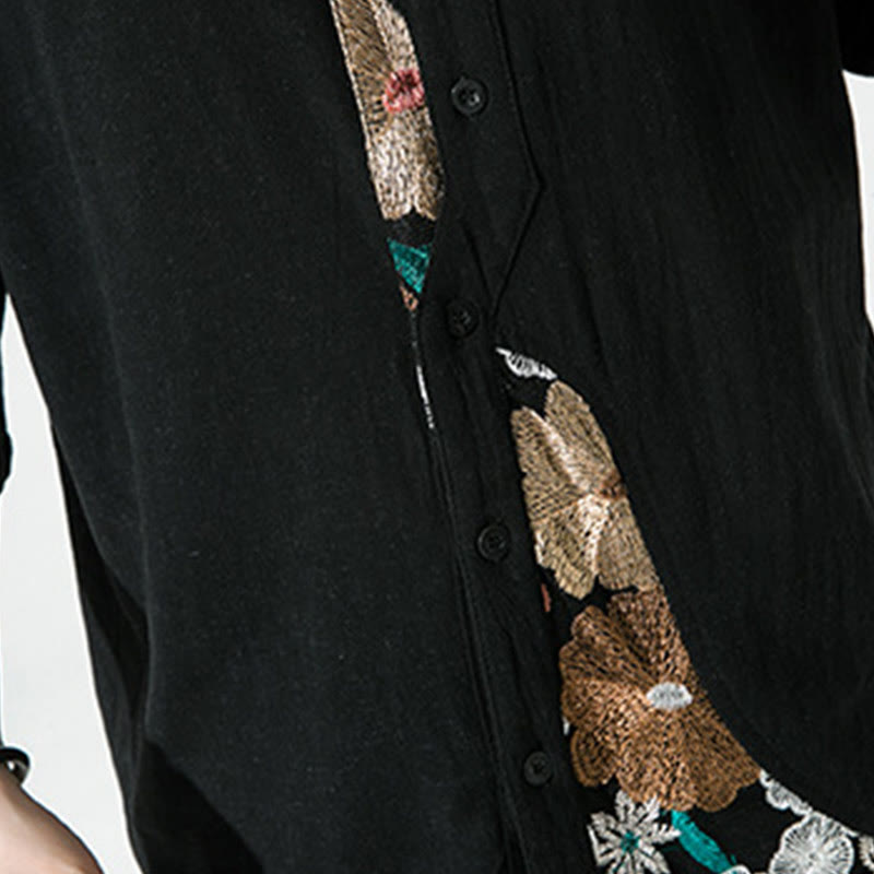 Camicia da uomo in cotone e lino con maniche a tre quarti, ricamo patchwork con Buddha Stones, design semplice