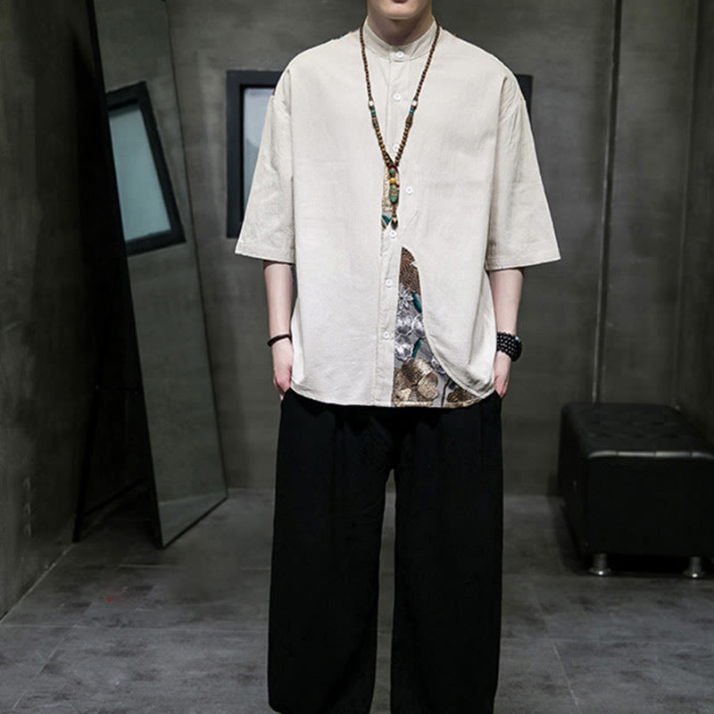 Camicia da uomo in cotone e lino con maniche a tre quarti, ricamo patchwork con Buddha Stones, design semplice