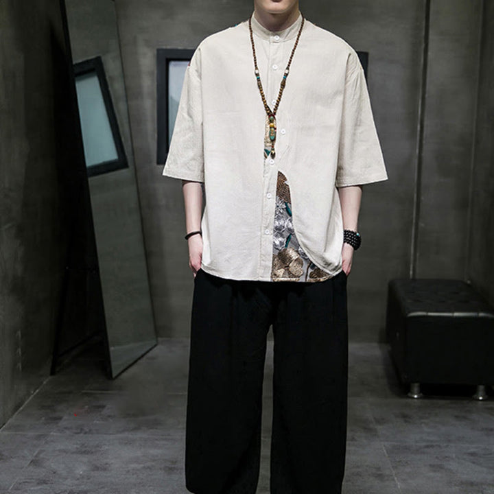 Camicia da uomo in cotone e lino con maniche a tre quarti, ricamo patchwork con Buddha Stones, design semplice