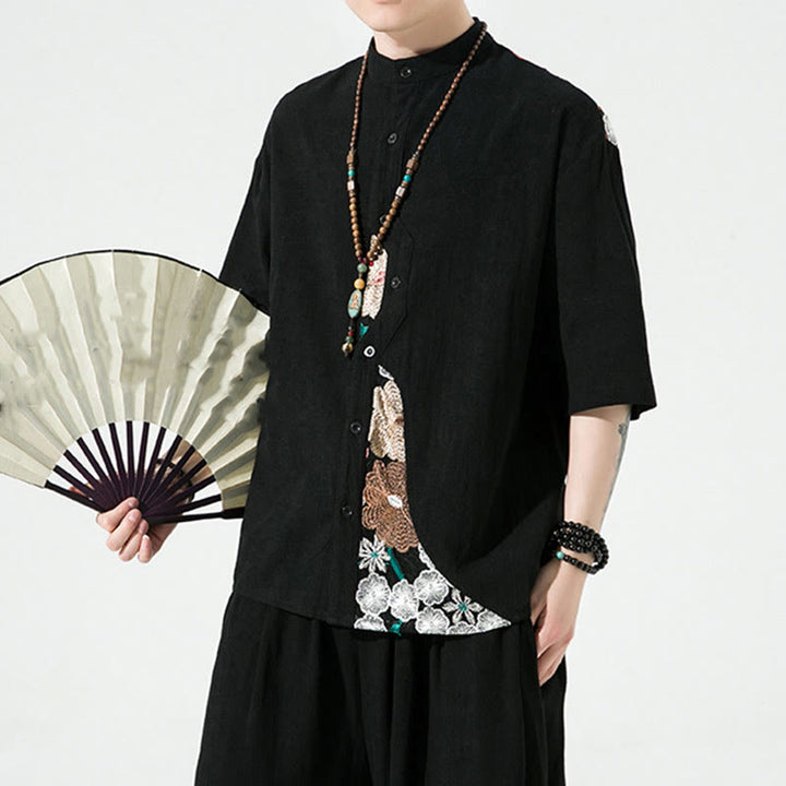 Camicia da uomo in cotone e lino con maniche a tre quarti, ricamo patchwork con Buddha Stones, design semplice