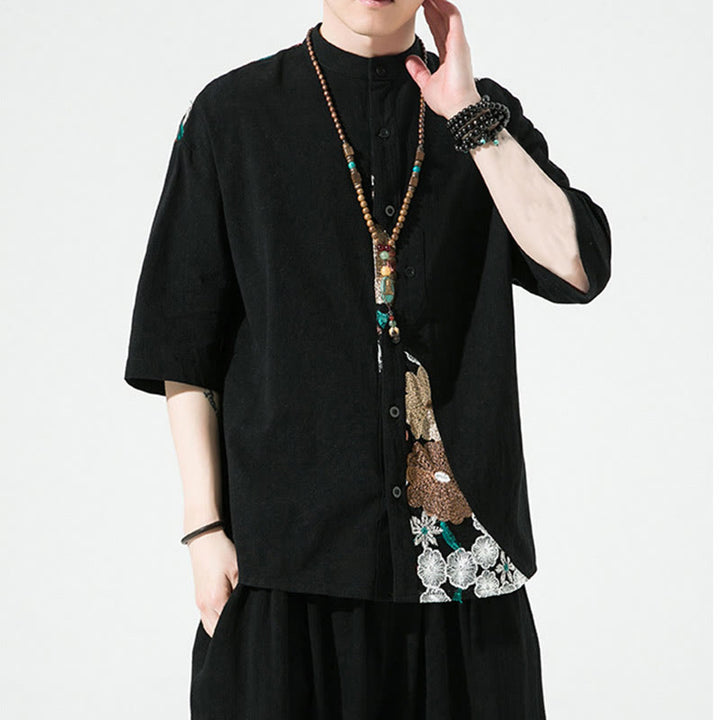 Camicia da uomo in cotone e lino con maniche a tre quarti, ricamo patchwork con Buddha Stones, design semplice