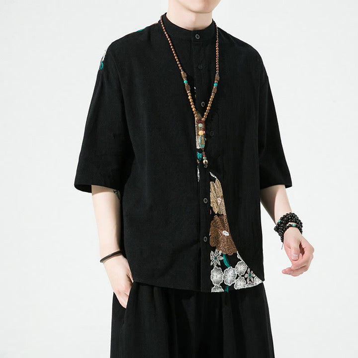 Camicia da uomo in cotone e lino con maniche a tre quarti, ricamo patchwork con Buddha Stones, design semplice