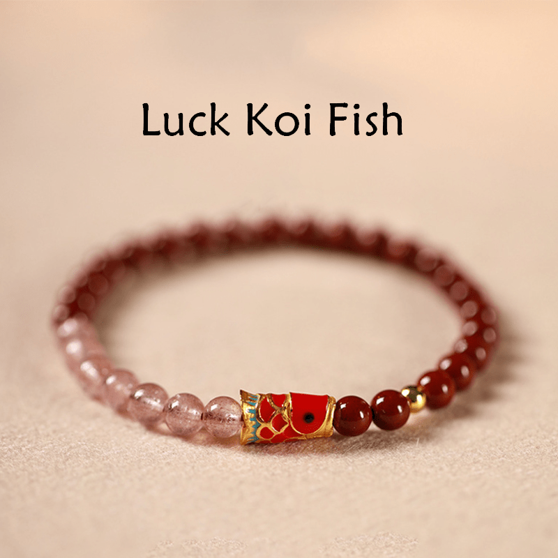 Braccialetto di benedizione con pesce koi portafortuna, cinabro naturale, cristallo rosa Buddha Stones , quarzo fragola - Cinabro-5mm e Quarzo Fragola e Grande Koi - image 1
