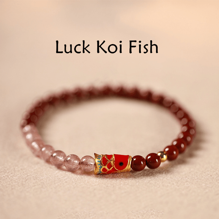 Braccialetto di benedizione con pesce koi portafortuna, cinabro naturale, cristallo rosa Buddha Stones , quarzo fragola - Cinabro-5mm e Quarzo Fragola e Grande Koi - image 1