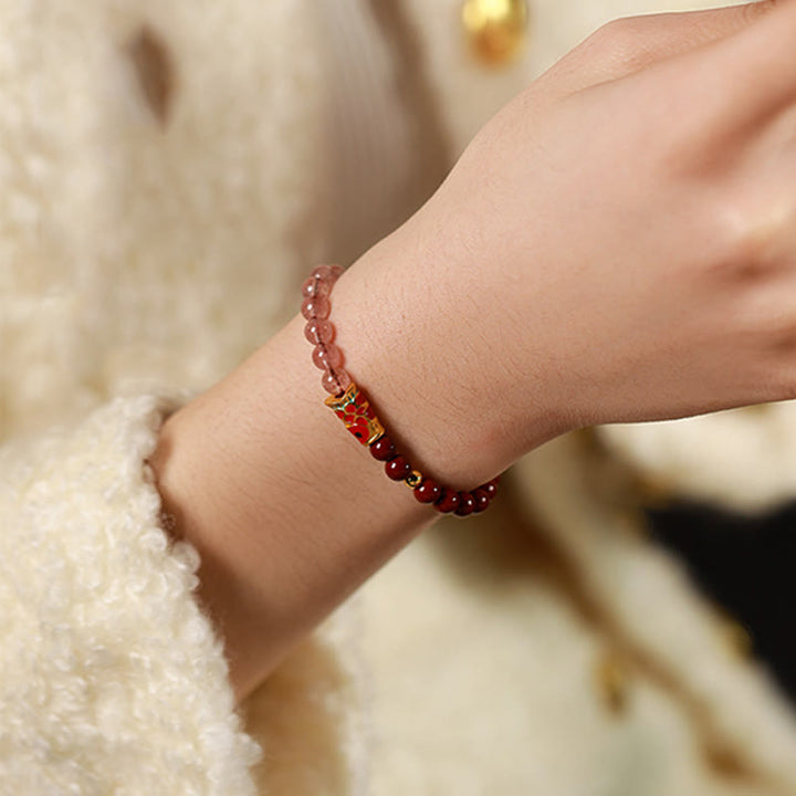 Braccialetto di benedizione con pesce koi portafortuna, cinabro naturale, cristallo rosa Buddha Stones , quarzo fragola - image 5