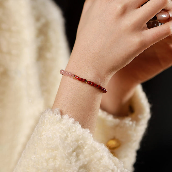 Braccialetto di benedizione con pesce koi portafortuna, cinabro naturale, cristallo rosa Buddha Stones , quarzo fragola - image 13