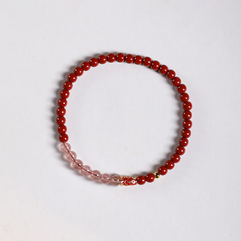 Braccialetto di benedizione con pesce koi portafortuna, cinabro naturale, cristallo rosa Buddha Stones , quarzo fragola - Cinabro-4mm e Quarzo Fragola e Piccola Koi - image 11