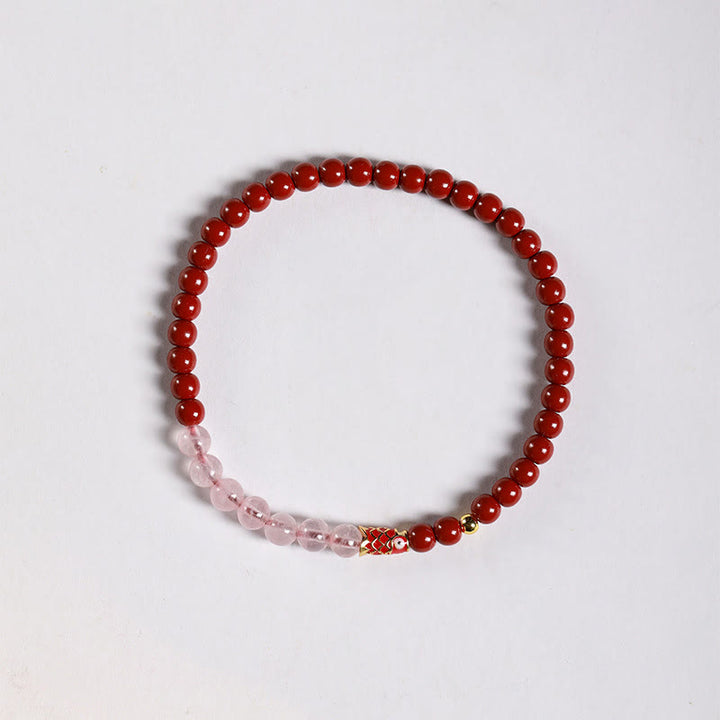 Braccialetto di benedizione con pesce koi portafortuna, cinabro naturale, cristallo rosa Buddha Stones , quarzo fragola - Cinabro da 4 mm e cristallo rosa e piccola carpa koi - image 12