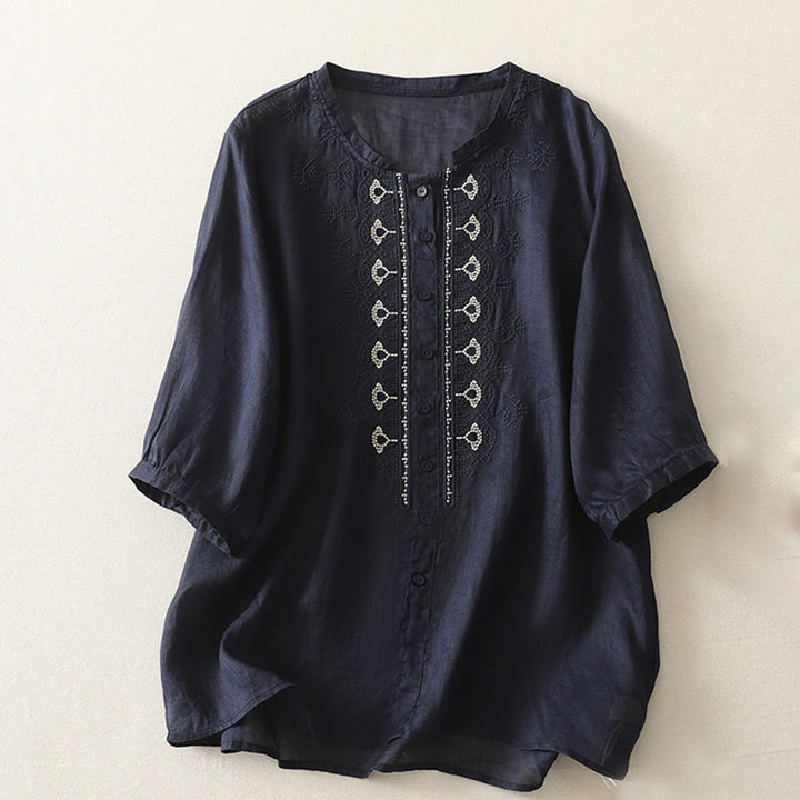 Camicia da donna in lino e cotone con ricamo simmetrico Buddha Stones - Blu notte - US8-10, UK/AU12-14, EU40-42 (2XL) - image 1
