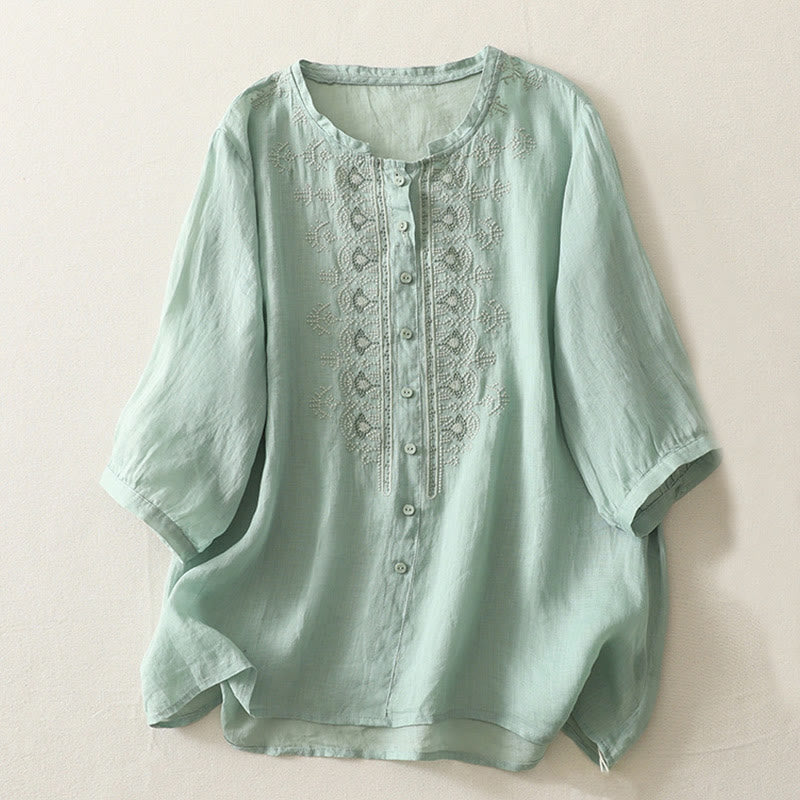 Camicia da donna in lino e cotone con ricamo simmetrico Buddha Stones - Acquamarina media - US8-10, UK/AU12-14, EU40-42 (2XL) - image 13