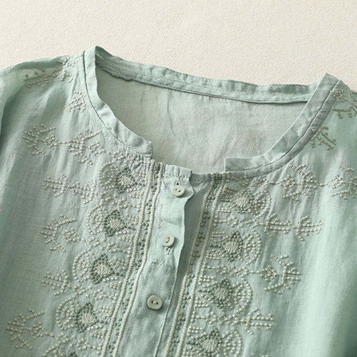 Camicia da donna in lino e cotone con ricamo simmetrico Buddha Stones - image 15