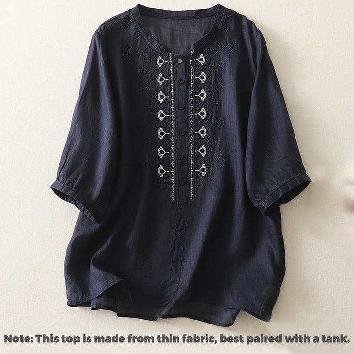 Camicia da donna in lino e cotone con ricamo simmetrico Buddha Stones - image 2