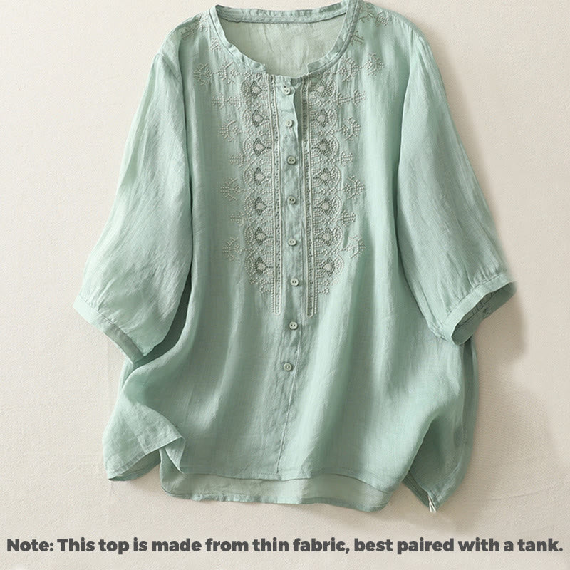 Camicia da donna in lino e cotone con ricamo simmetrico Buddha Stones - image 14