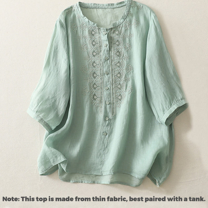 Camicia da donna in lino e cotone con ricamo simmetrico Buddha Stones - image 14