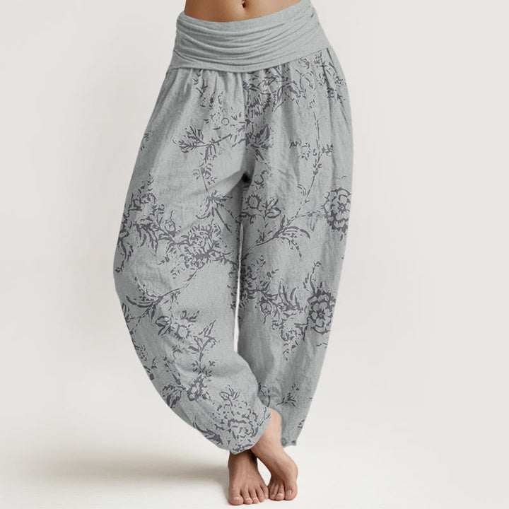 Pantaloni harem da donna con elastico in vita e motivo a fiori in puro cotone con Buddha Stones