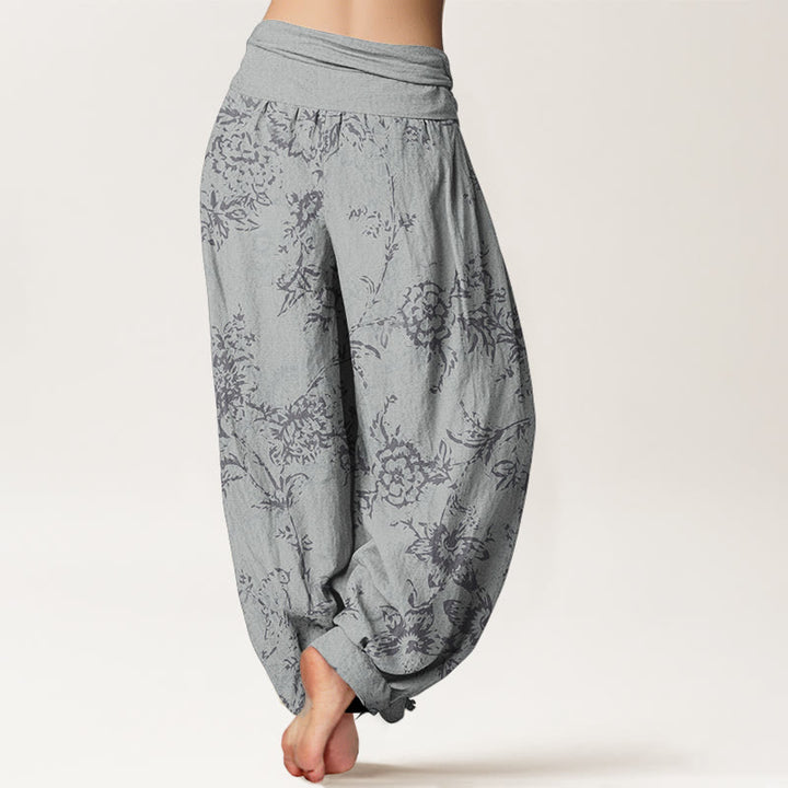 Pantaloni harem da donna con elastico in vita e motivo a fiori in puro cotone con Buddha Stones