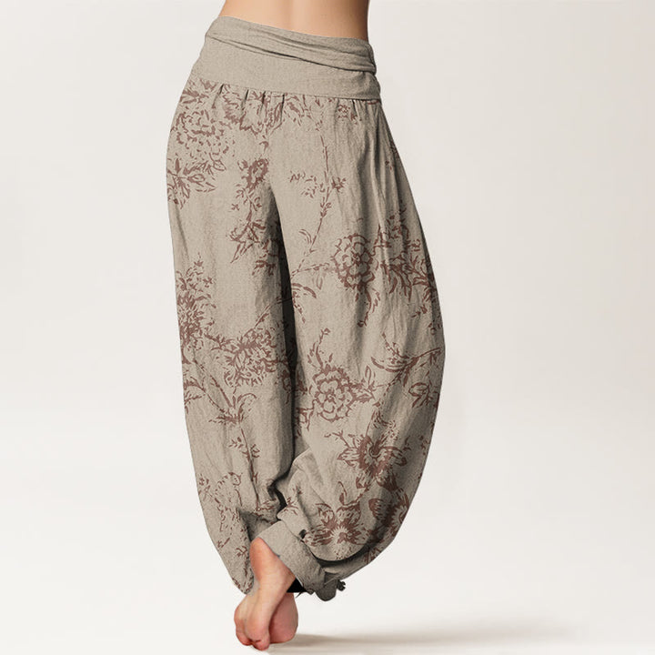 Pantaloni harem da donna con elastico in vita e motivo a fiori in puro cotone con Buddha Stones