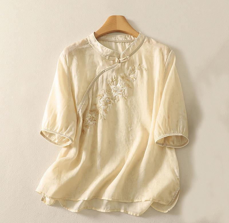 Camicia da donna in cotone con maniche corte, collo alla coreana, bottoni a rana e ricamo Buddha Stones - LemonChiffon - US14, UK/AU18, EU46 (2XL) - image 1