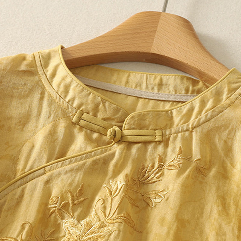 Camicia da donna in cotone con maniche corte, collo alla coreana, bottoni a rana e ricamo Buddha Stones - image 9