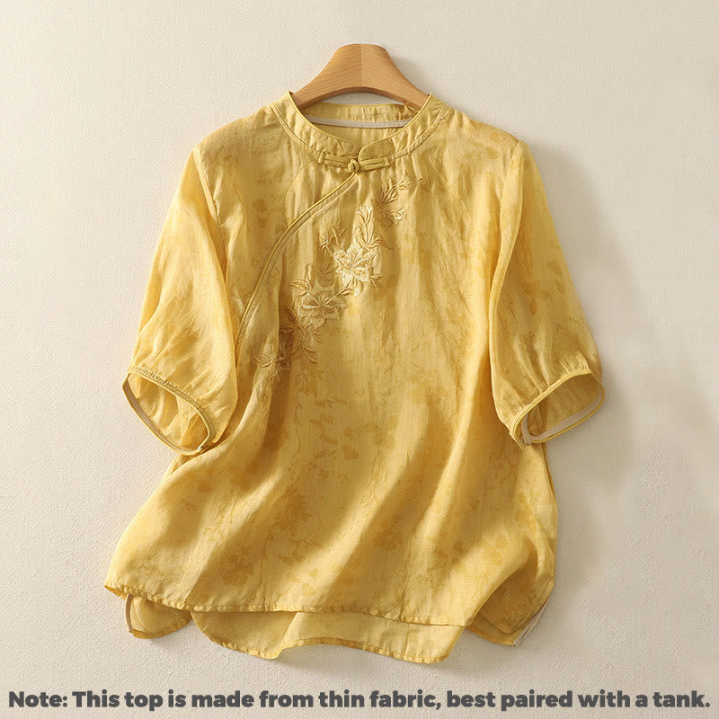 Camicia da donna in cotone con maniche corte, collo alla coreana, bottoni a rana e ricamo Buddha Stones - image 8