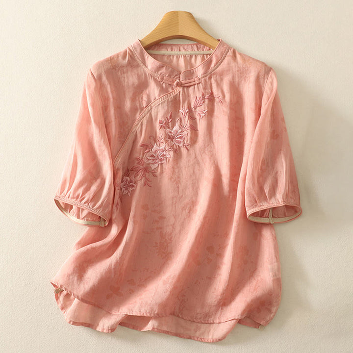 Camicia da donna in cotone con maniche corte, collo alla coreana, bottoni a rana e ricamo Buddha Stones - image 14