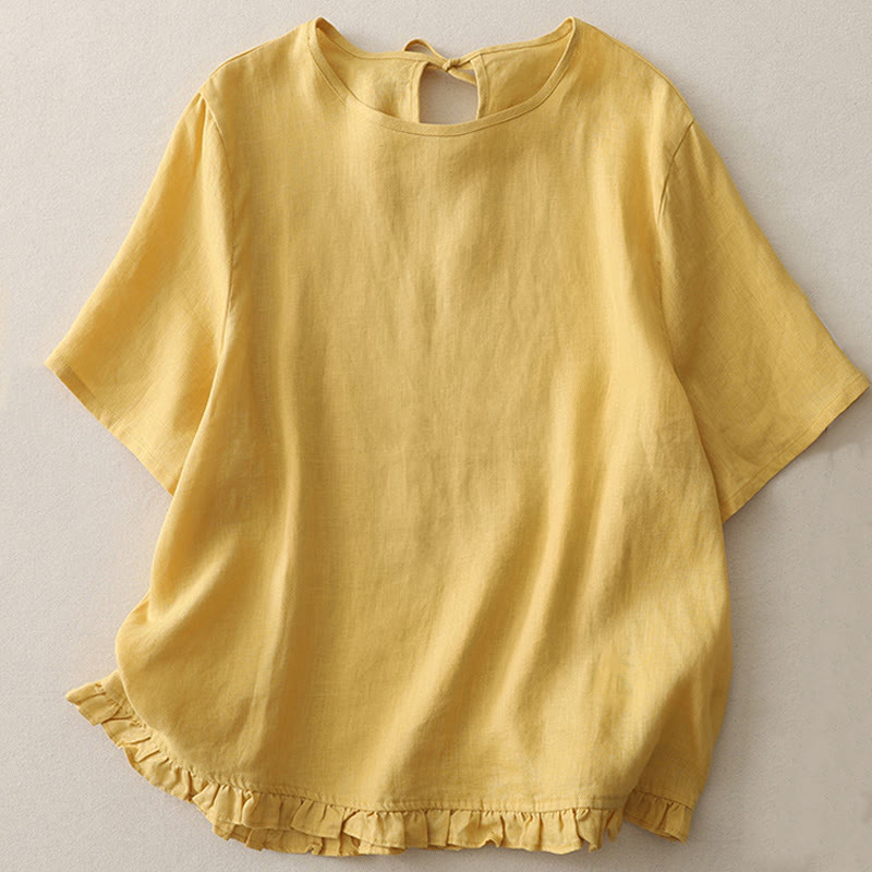 T-shirt da donna in poliestere con scollo a giro, casual, tinta unita, orlo arricciato e cravatta Buddha Stones - Oro - US8-10, UK/AU12-14, EU40-42 (2XL) - image 1