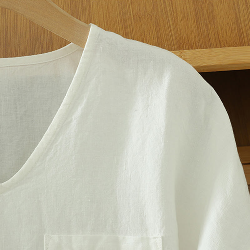 T-shirt casual da donna in cotone e lino con scollo a V e tasca Buddha Stones - image 14