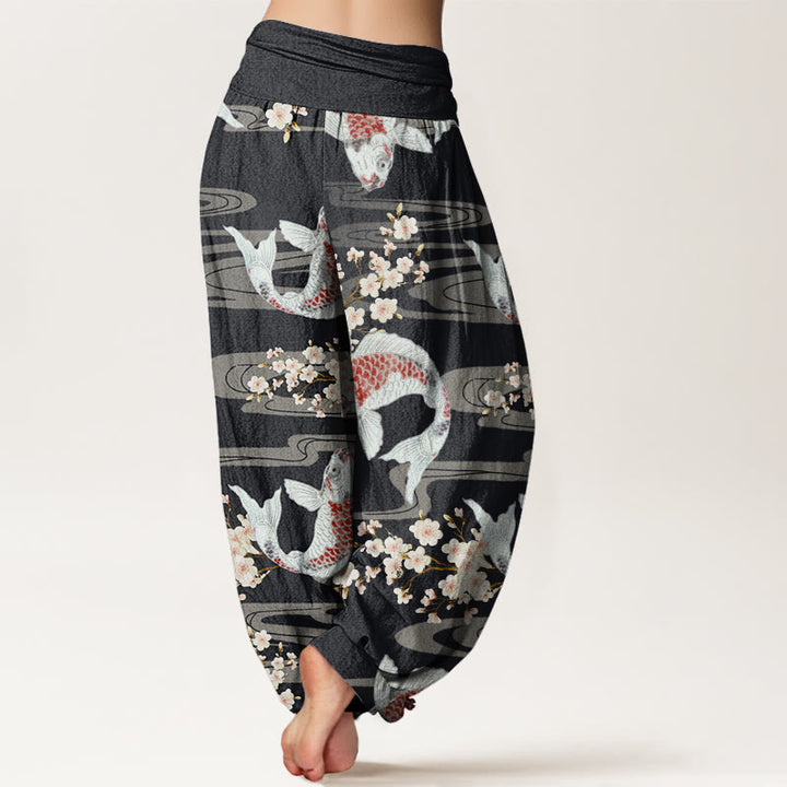 Pantaloni harem da donna con elastico in vita e motivo a fiori di ciliegio e pesci koi, stile casual, motivo Buddha Stones - image 3
