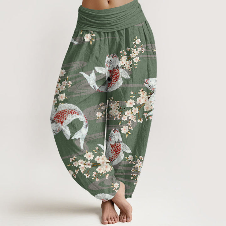 Pantaloni harem da donna con elastico in vita e motivo a fiori di ciliegio e pesci koi, stile casual, motivo Buddha Stones - DarkSeaGreen - US22, UK/AU26, EU54 (6XL) - image 5