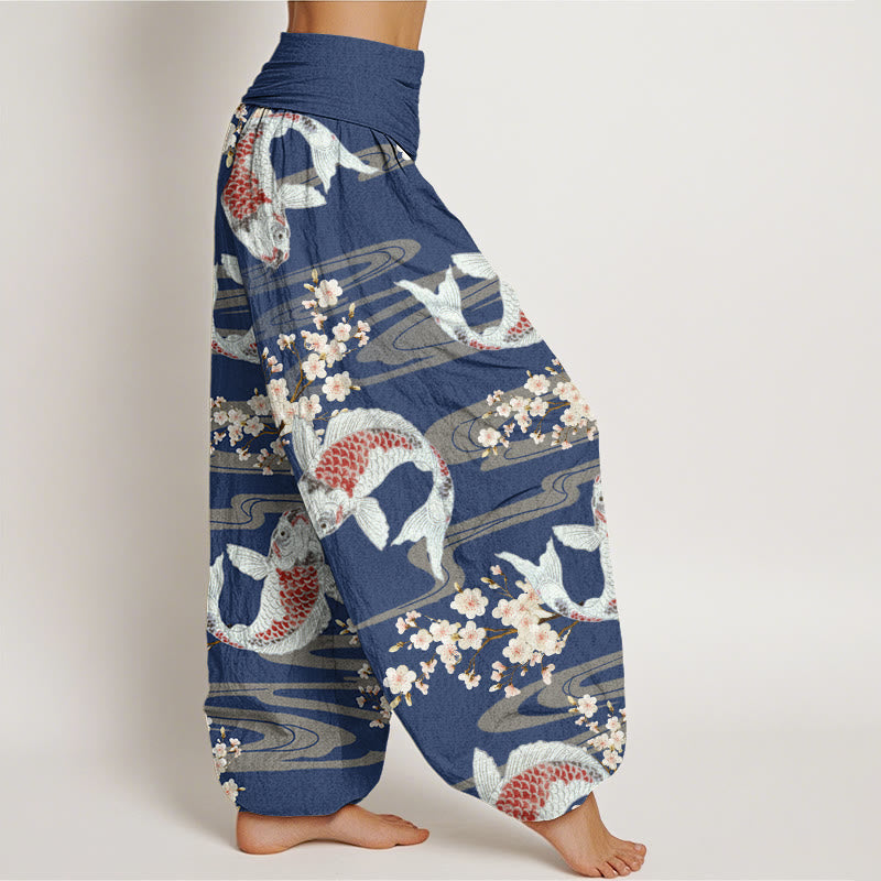 Pantaloni harem da donna con elastico in vita e motivo a fiori di ciliegio e pesci koi, stile casual, motivo Buddha Stones - image 9