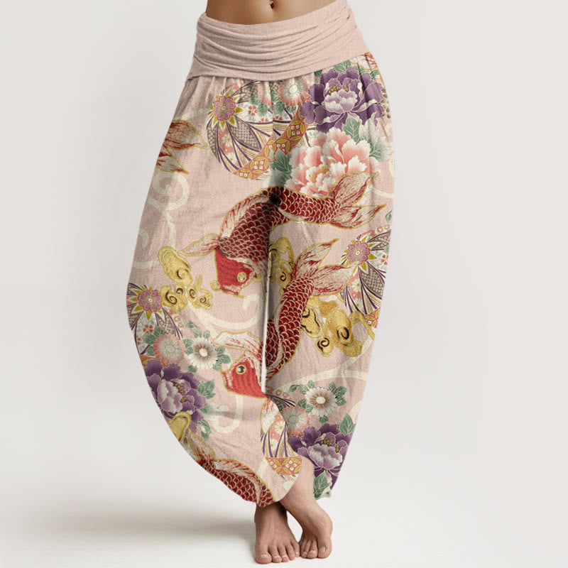 Pantaloni harem da donna con elastico in vita e motivo floreale casual Buddha Stones Koi - Rosa - US22, UK/AU26, EU54 (6XL) - image 1