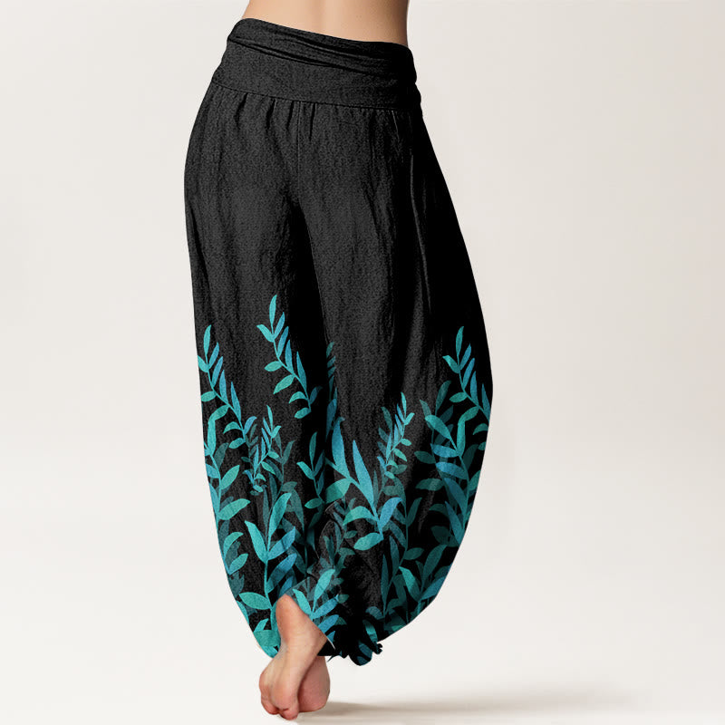 Pantaloni harem da donna con elastico in vita e motivo a foglie casual in puro cotone Buddha Stones