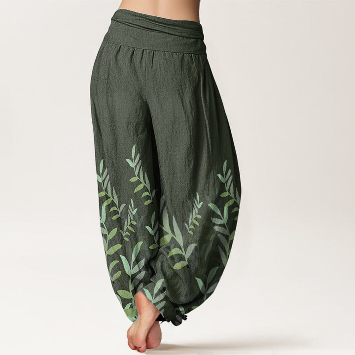 Pantaloni harem da donna con elastico in vita e motivo a foglie casual in puro cotone Buddha Stones