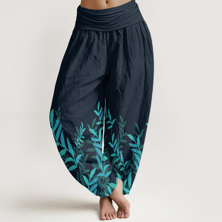 Pantaloni harem da donna con elastico in vita e motivo a foglie casual in puro cotone Buddha Stones