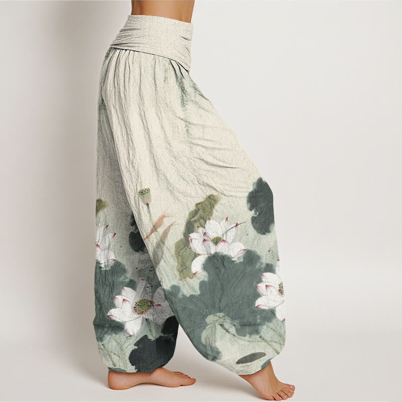 Pantaloni harem da donna con elastico in vita e motivo a fiori di loto, stile casual, motivo Buddha Stones - image 2