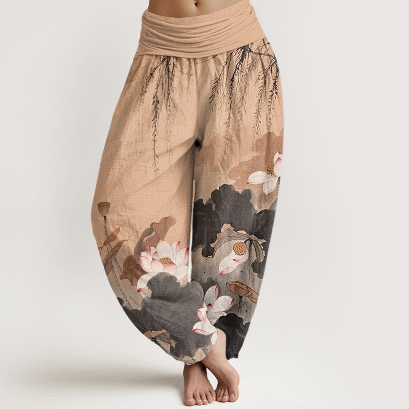 Pantaloni harem da donna con elastico in vita e motivo a fiori di loto, stile casual, motivo Buddha Stones - PeachPuff - US22, UK/AU26, EU54 (6XL) - image 5