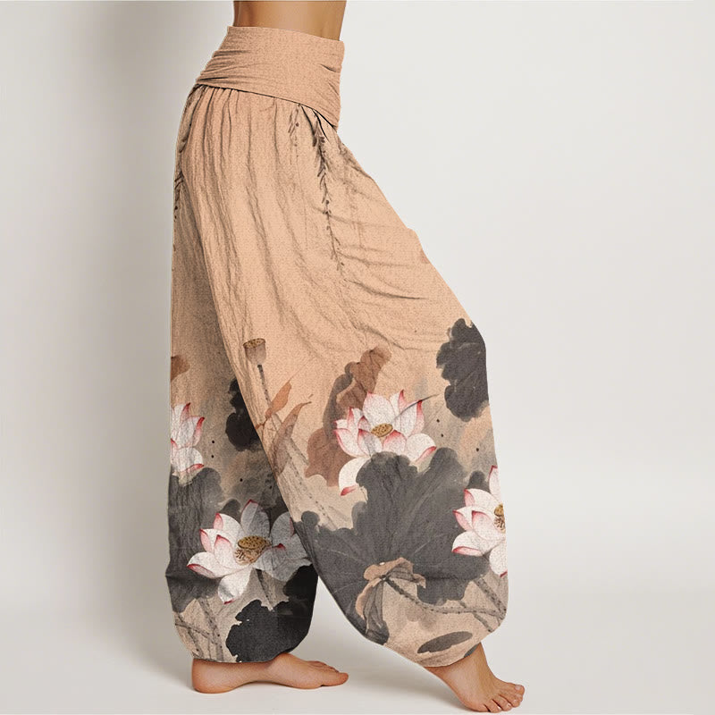 Pantaloni harem da donna con elastico in vita e motivo a fiori di loto, stile casual, motivo Buddha Stones - image 6