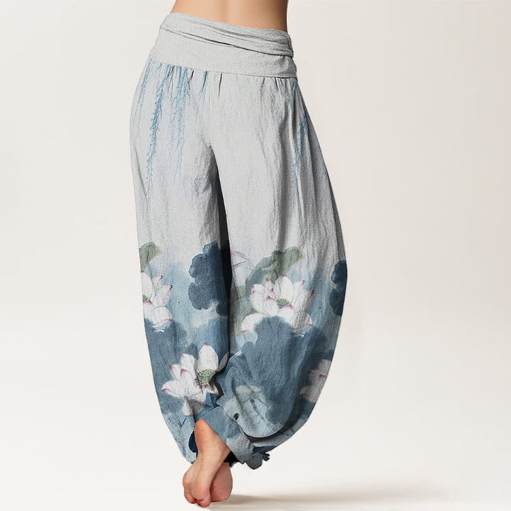 Pantaloni harem da donna con elastico in vita e motivo a fiori di loto, stile casual, motivo Buddha Stones - image 10