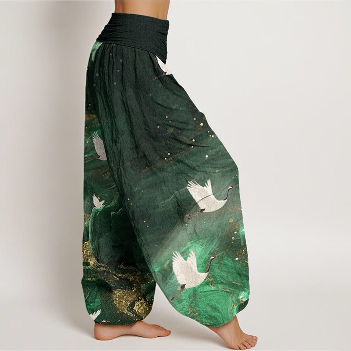 Pantaloni harem da donna con elastico in vita e motivo a gru volante, stile casual, motivo Buddha Stones - image 2