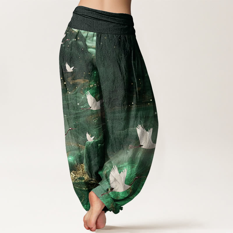 Pantaloni harem da donna con elastico in vita e motivo a gru volante, stile casual, motivo Buddha Stones - image 3