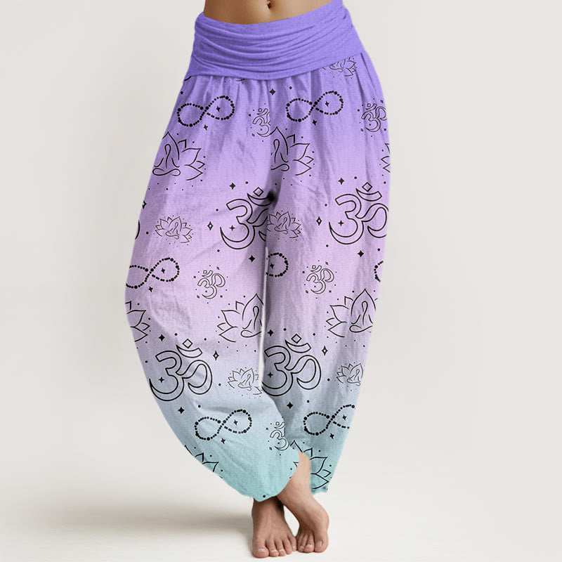 Pantaloni harem da donna con elastico in vita e motivo infinito, Buddha Stones, simbolo OM, loto in meditazione - Ardesia Blu - US22, UK/AU26, EU54 (6XL) - image 1